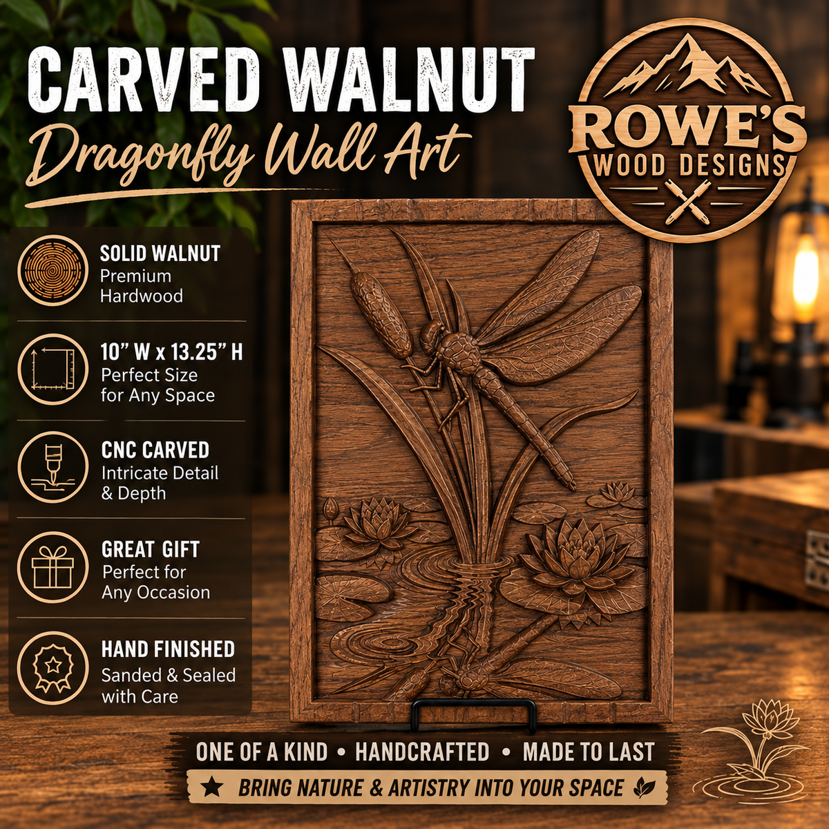 Carved Walnut Dragonfly Wall Art
